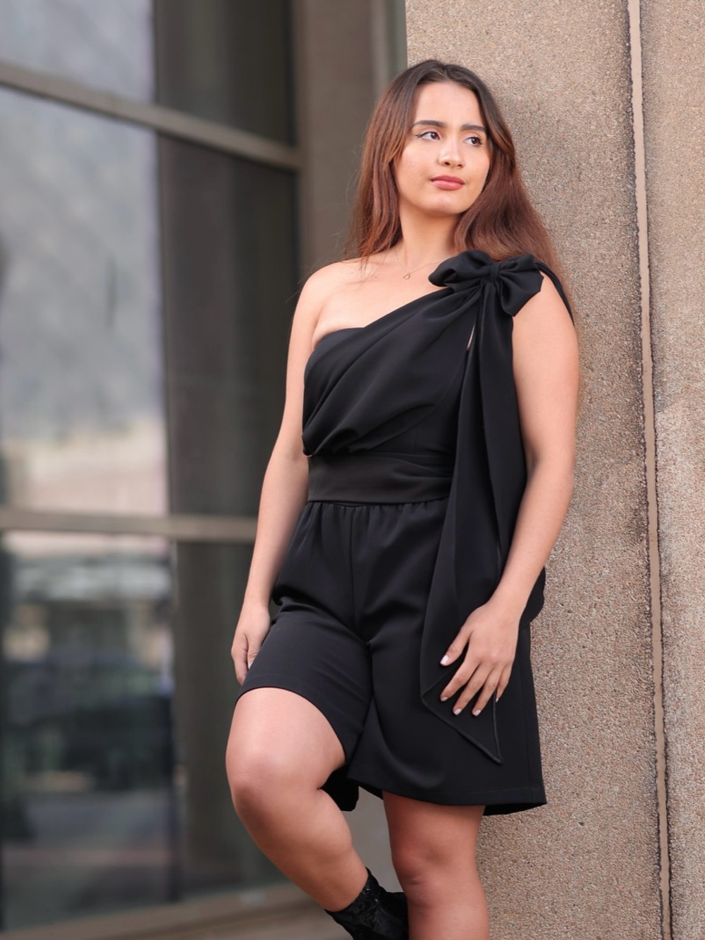 One-Shoulder Black Bow Romper